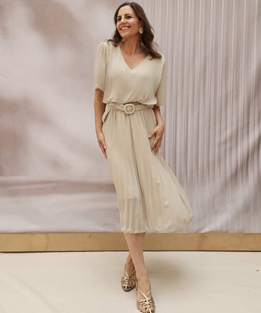 Vestido Plisado Beige