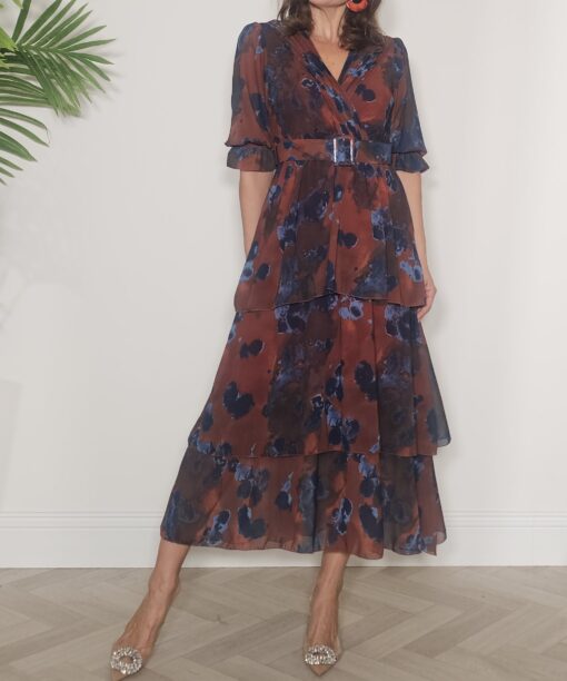 Vestido volantes estampado cinturón - Imagen 3