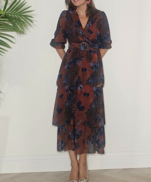 Vestido volantes estampado cinturón