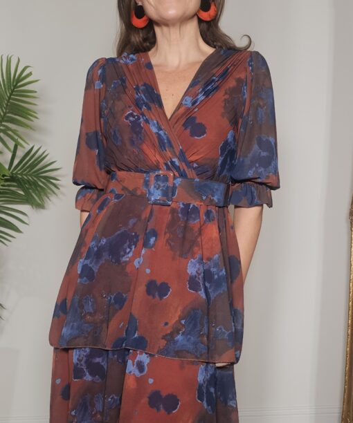 Vestido volantes estampado cinturón - Imagen 4
